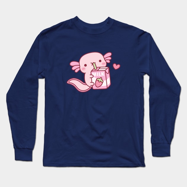 Cute Axolotl Drinking Strawberry Milk Long Sleeve T-Shirt by rustydoodle